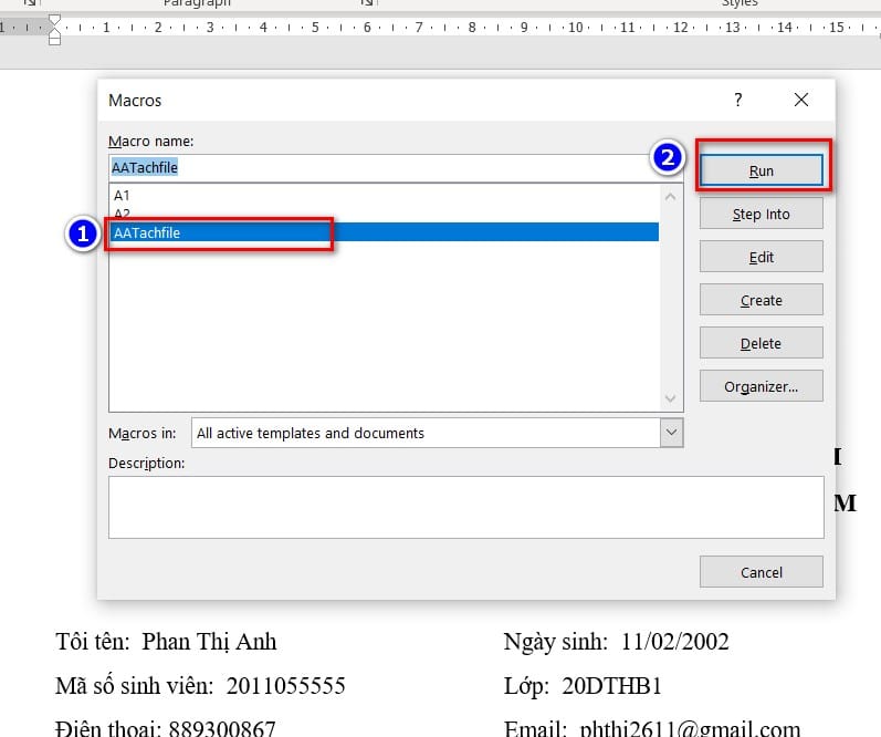 hình chọn run chạy file tách