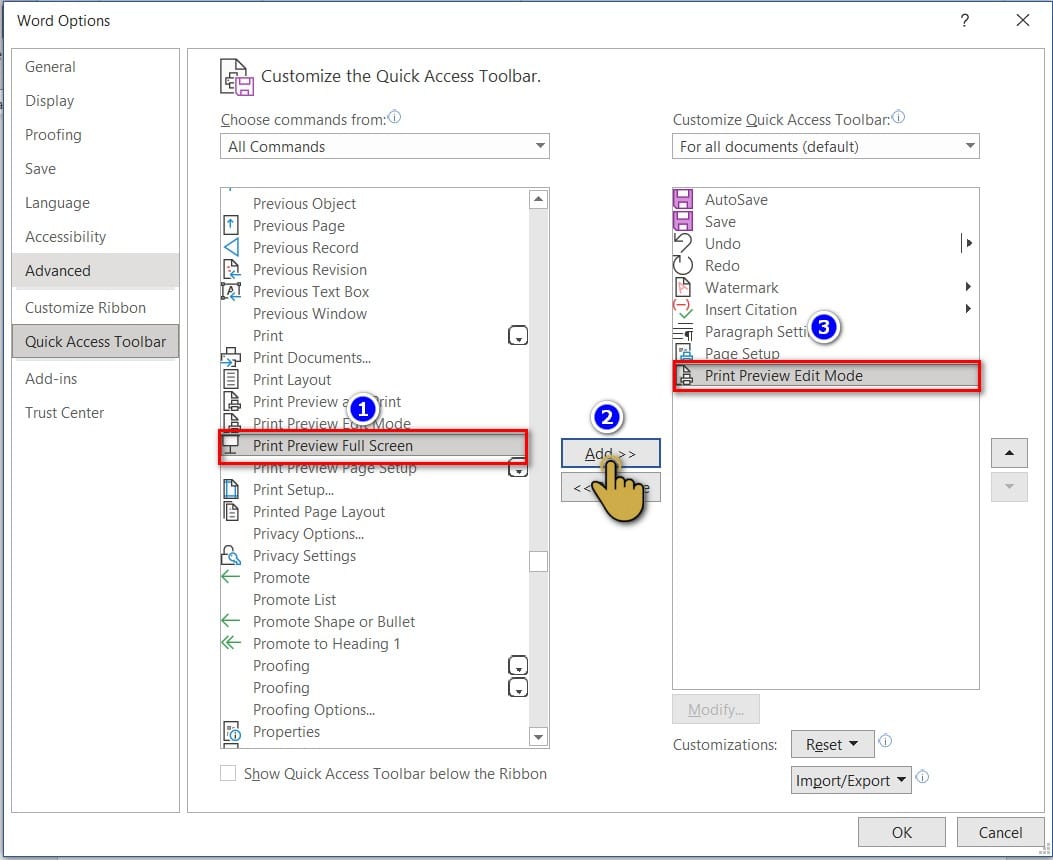 hình đưa lệnh sang cột customize quick access toolbar