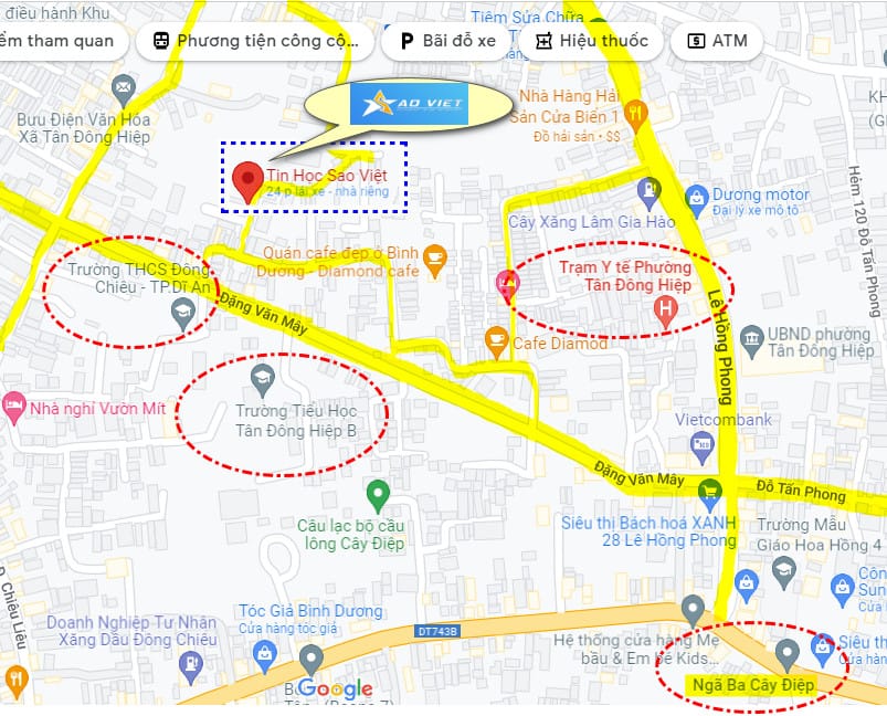 Bản đồ trung tâm tin học Dĩ An, Bình Dương