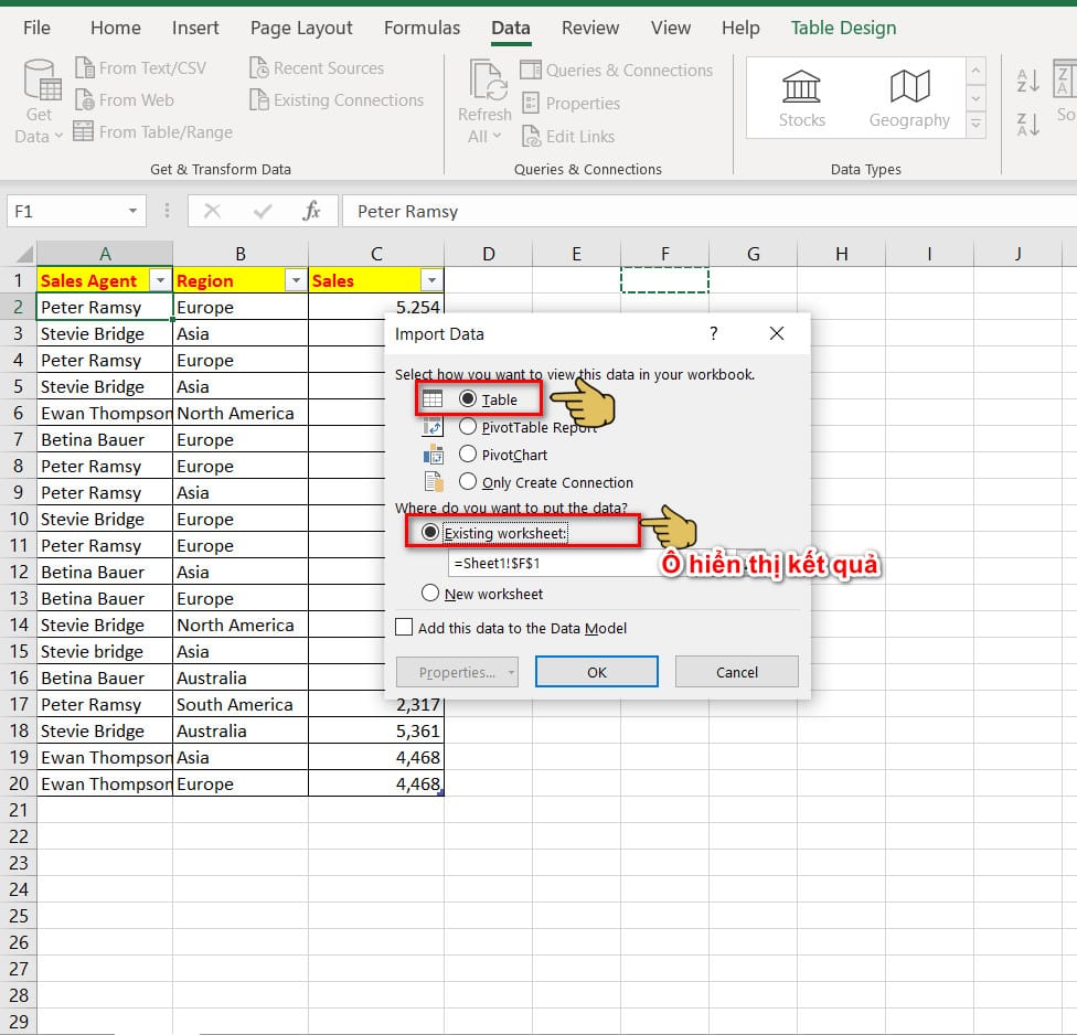 hình ảnh thiết lập bảng import data