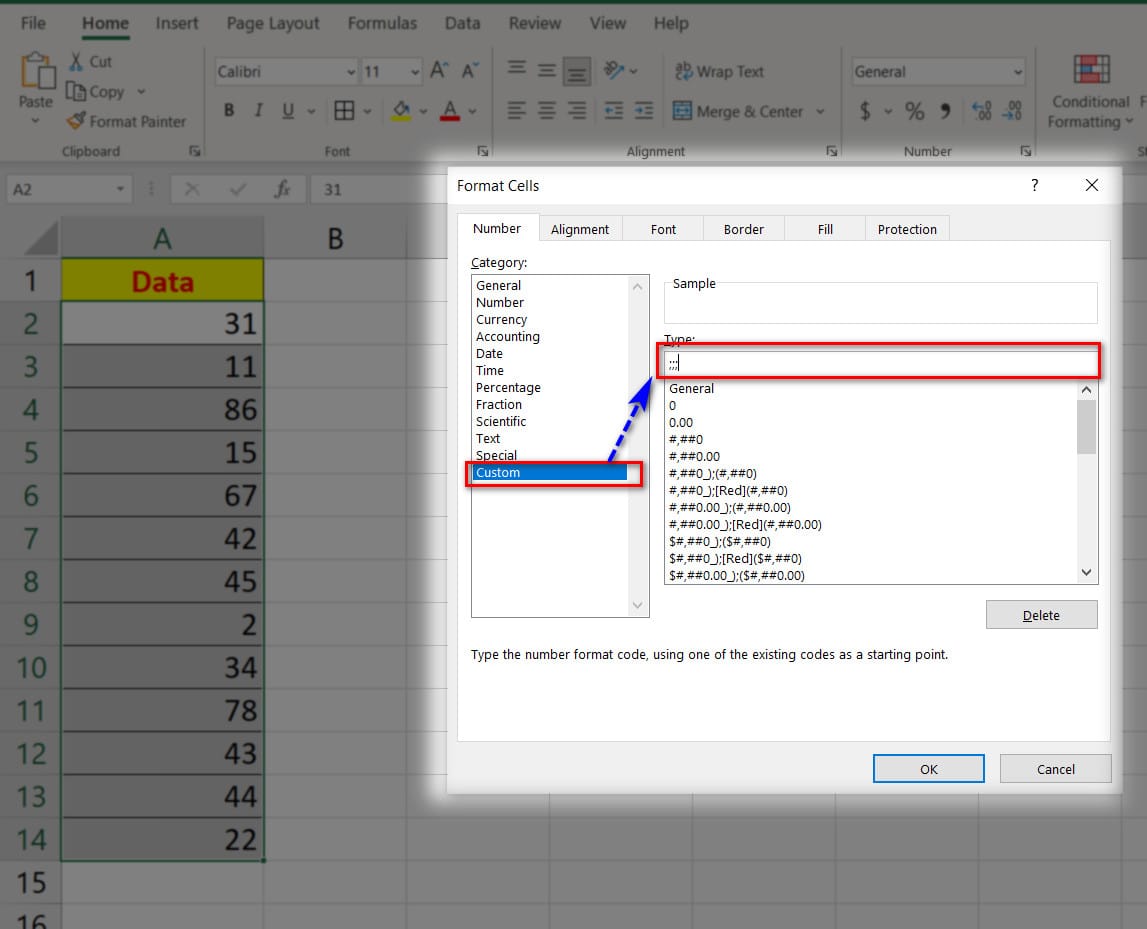 hình thiết lập giá trị ẩn trong format cells