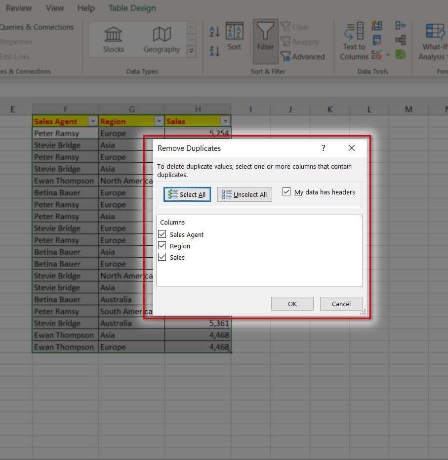 hình ảnh thiết lập hộp thoại remove duplicate