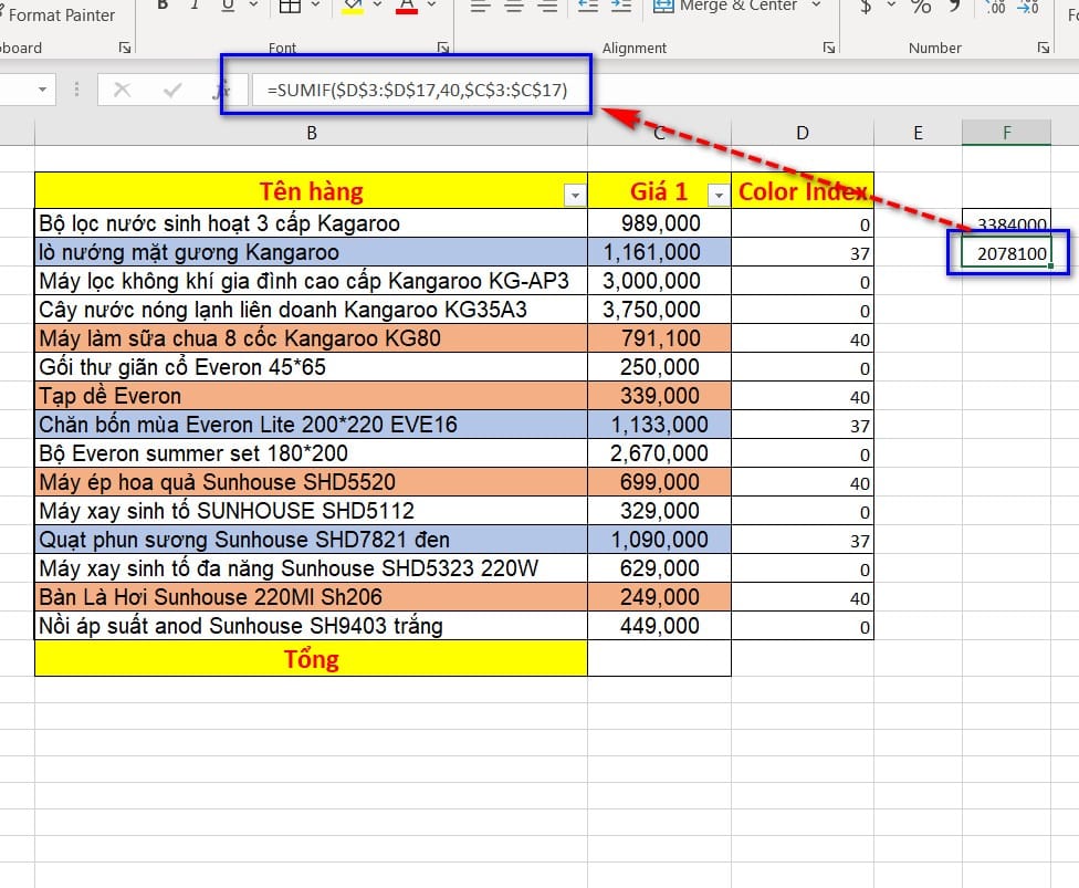 hình tính tổng màu cam sumif