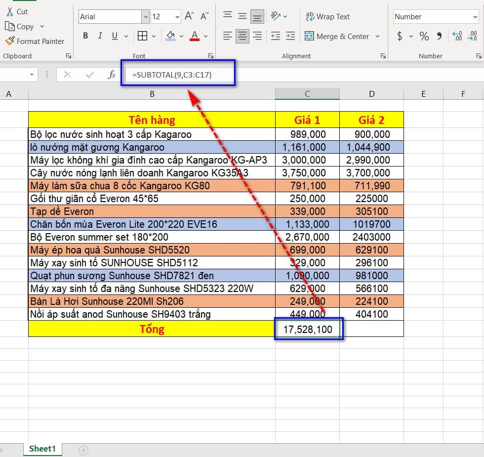 hình ảnh tính tổng subtotal