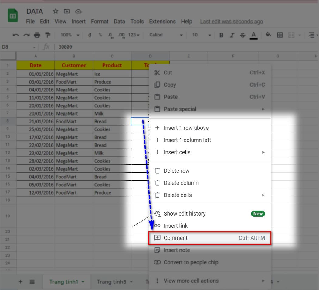 hình thao tác chèn nhận xét