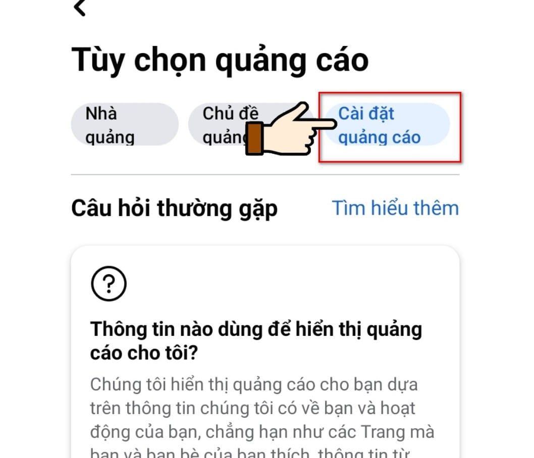 hình chọn mục cài đặt quảng cáo