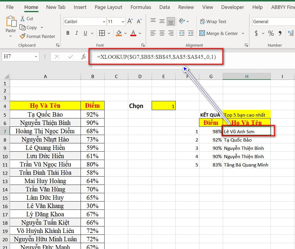 hình ảnh dùng hàm xlookup dò tìm