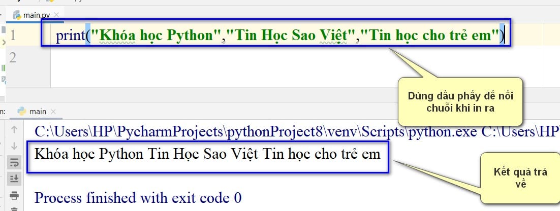 chương trình dùng dấu phẩy để nối chuỗi