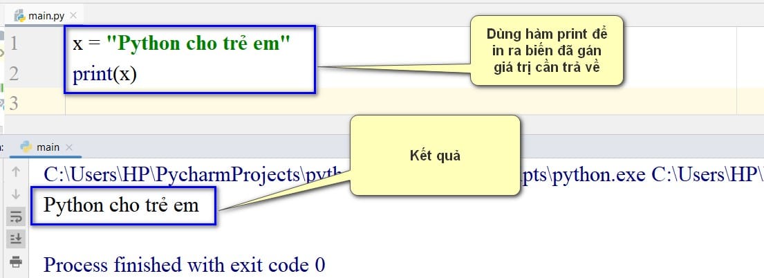 hàm print để in ra biến đã gán