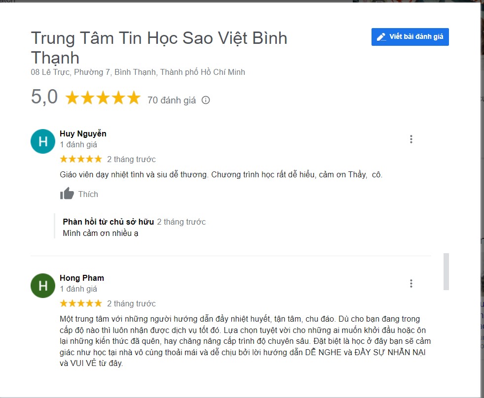 bình luận đánh giá của học viên về Tin Học Sao Việt
