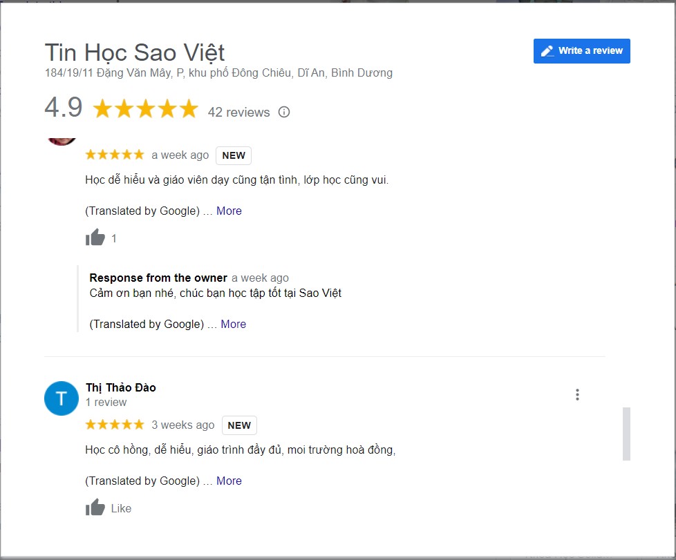 hình ảnh học viên đánh giá Tin Học Sao Việt