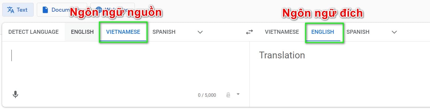 hình thay đổi ngôn ngữ trong translate