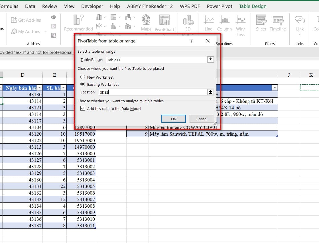 hình ảnh thiết lập bảng pivottable