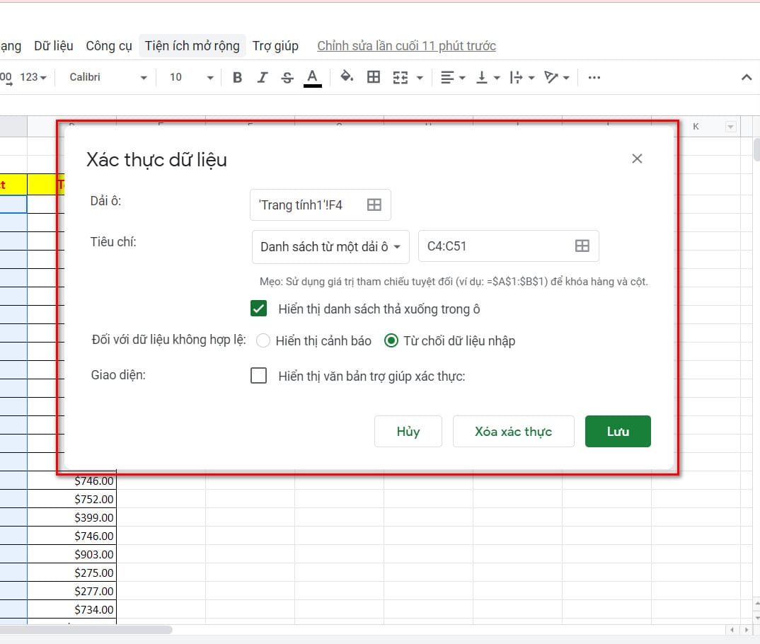 hình ảnh thiết lập trong data validation