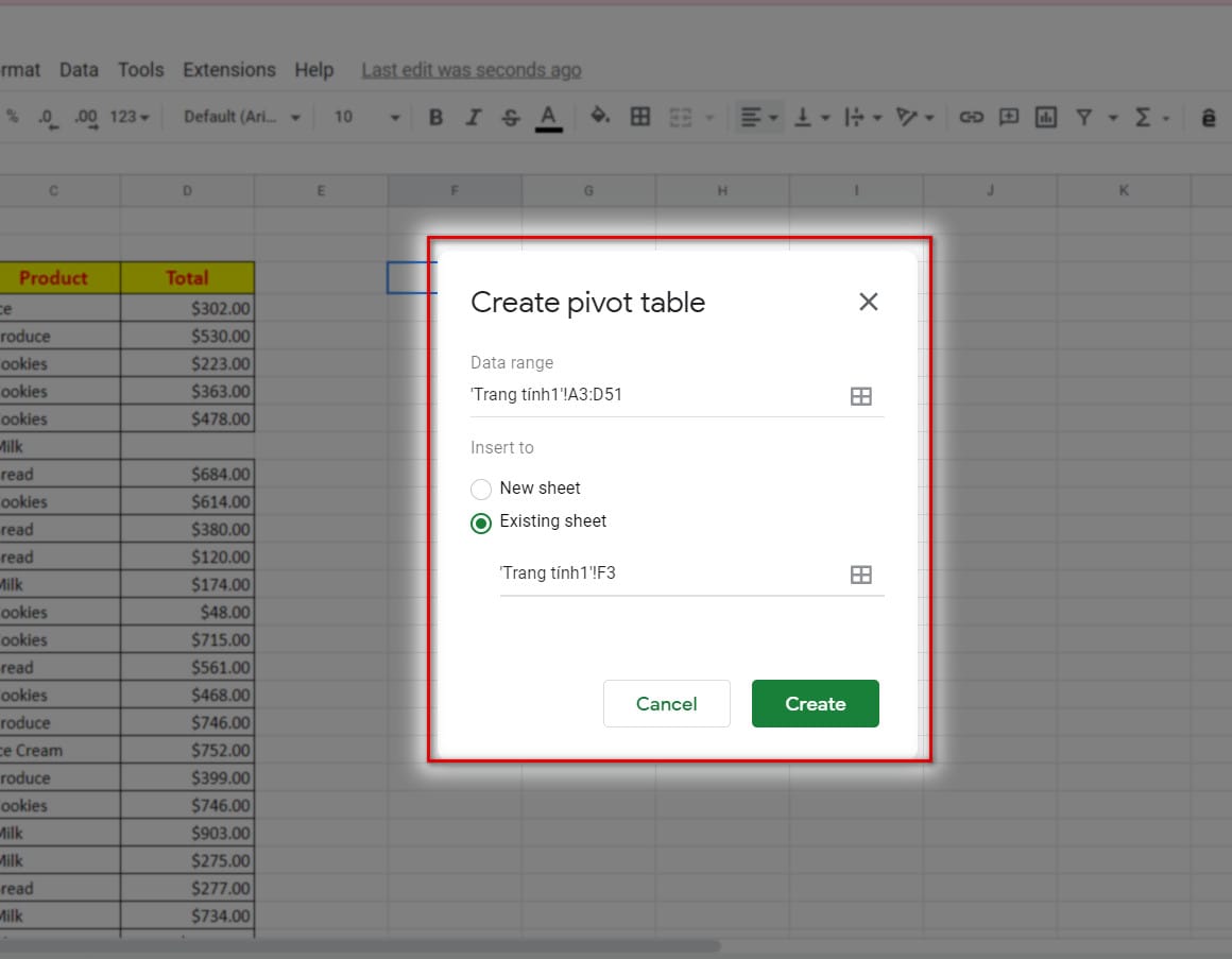 hình thao tác bảng create pivottable