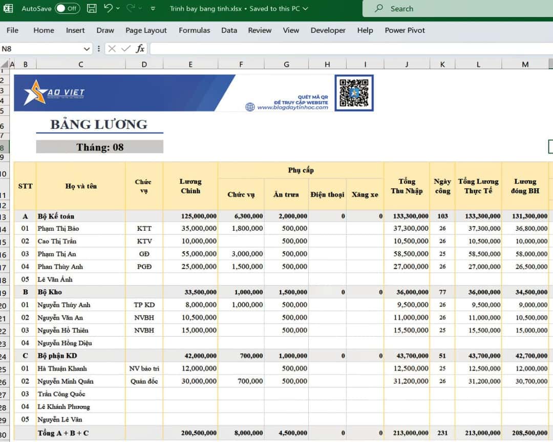 Bài tập thực hành Excel cơ bản