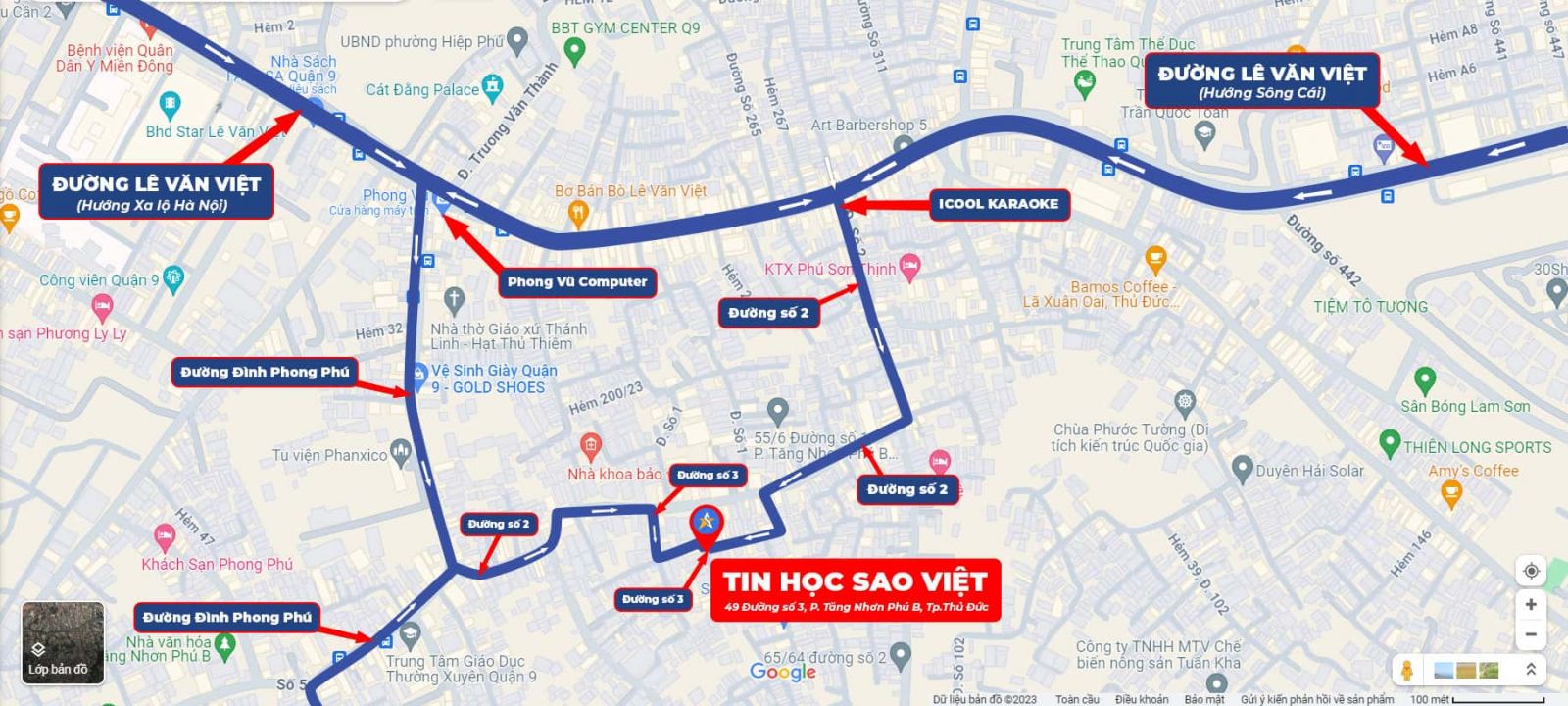 bản đồ trung tâm tin học tại Quận 9 và Tp. Thủ Đức Sao Việt