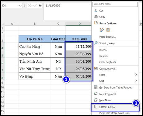 Bước 1: Chuột phải chọn Format Cells
