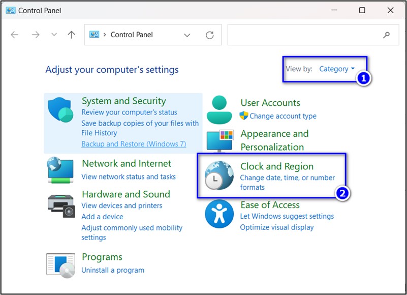 Bước 2: Chọn Clock and Region