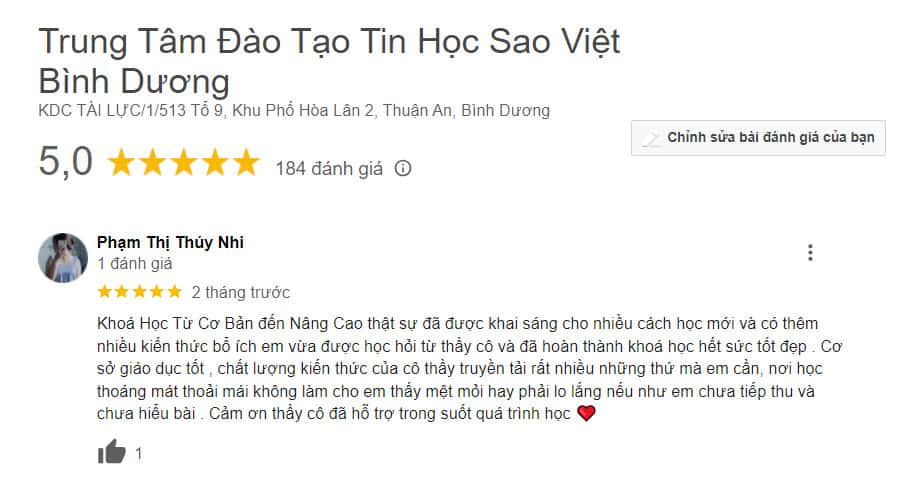 Hình ảnh đánh giá của học viên tại Trung Tâm Tin Học Sao Việt