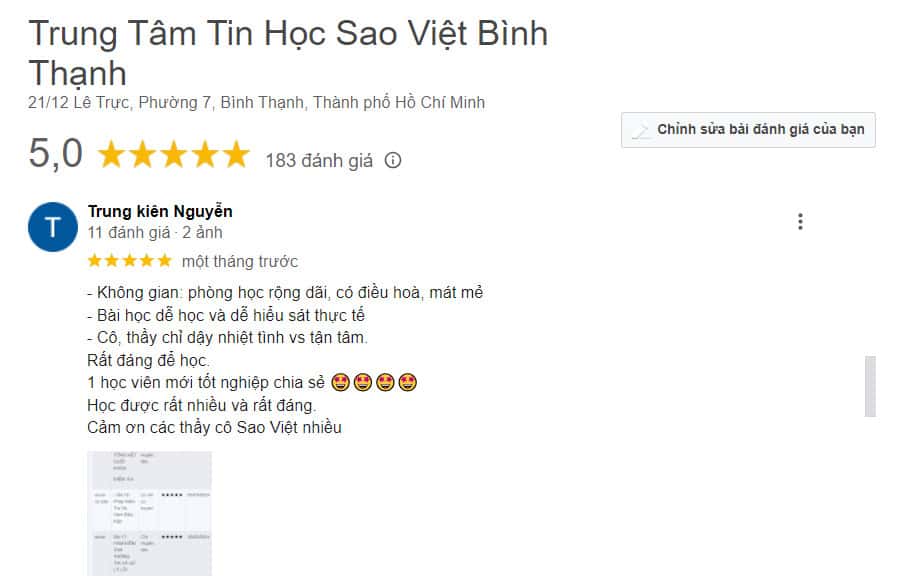 Hình ảnh đánh giá của học viên tại Trung Tâm Tin Học Sao Việt
