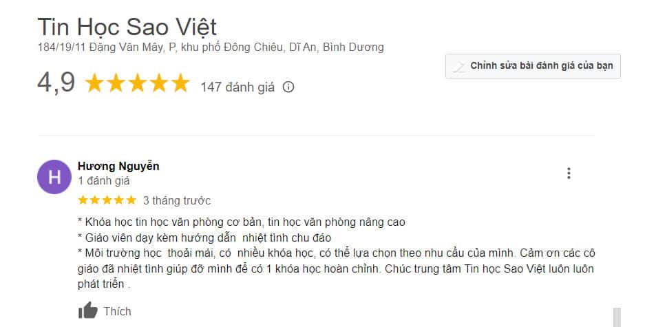 Hình ảnh đánh giá của học viên tại Trung Tâm Tin Học Sao Việt