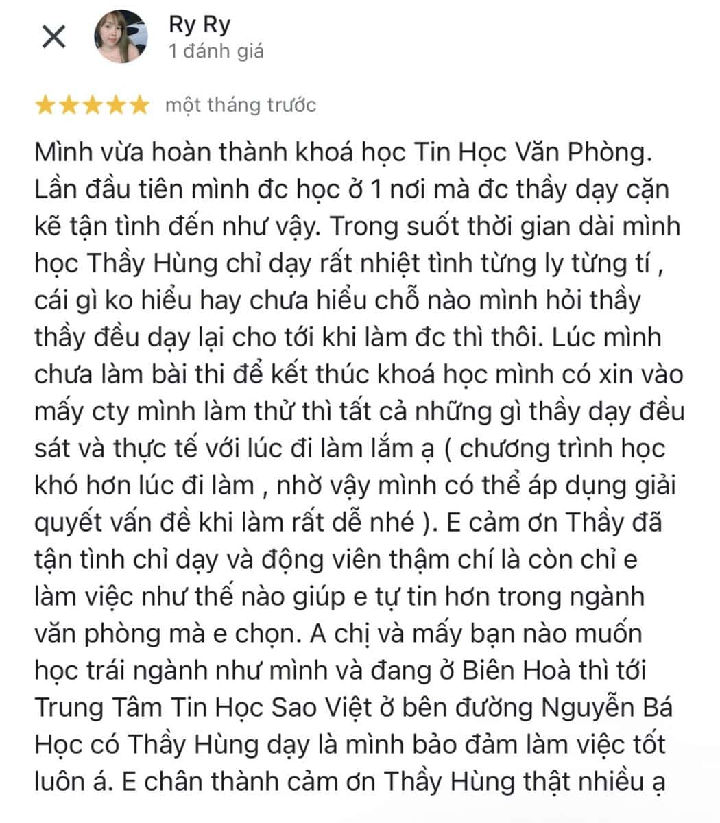 Hình ảnh đánh giá của học viên tại Trung Tâm Tin Học Sao Việt
