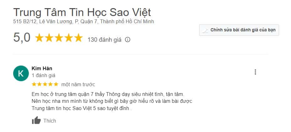 Hình ảnh đánh giá của học viên tại Trung Tâm Tin Học Sao Việt