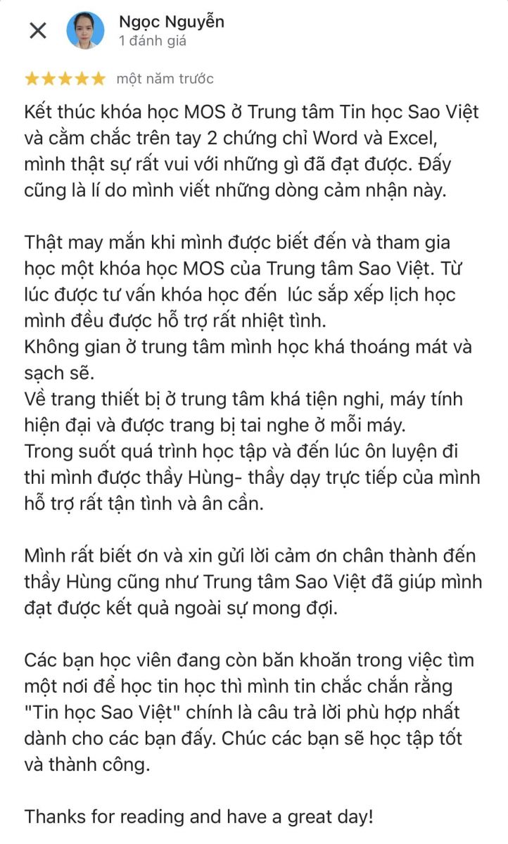 Đánh giá của học viên tại Trung Tâm Tin Học Sao Việt - Hình 3