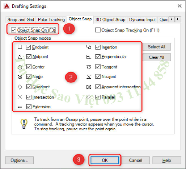 Hộp thoại Osnap - Thiết lập truy bắt điểm