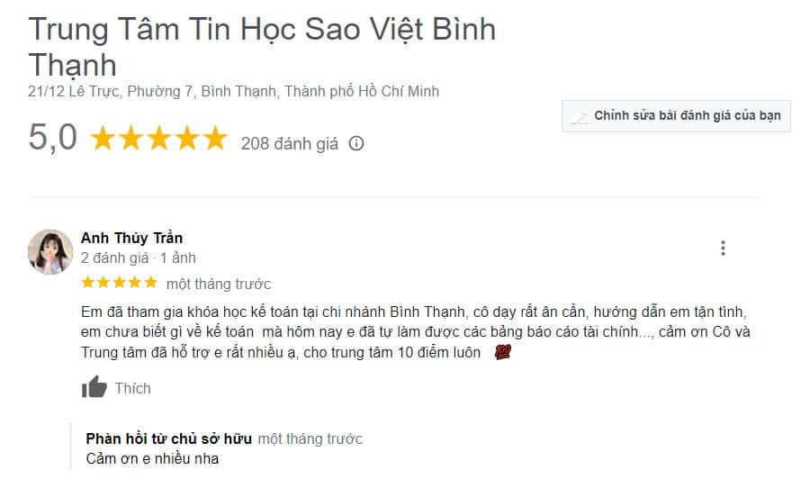 Phản hồi của học viên sau khóa học tại Trung Tâm Tin Học Sao Việt