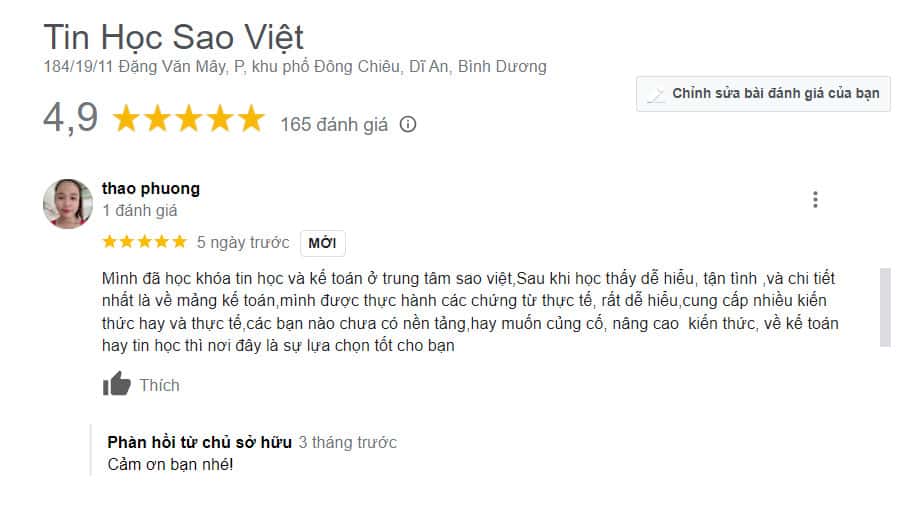 Phản hồi của học viên sau khóa học tại Trung Tâm Tin Học Sao Việt