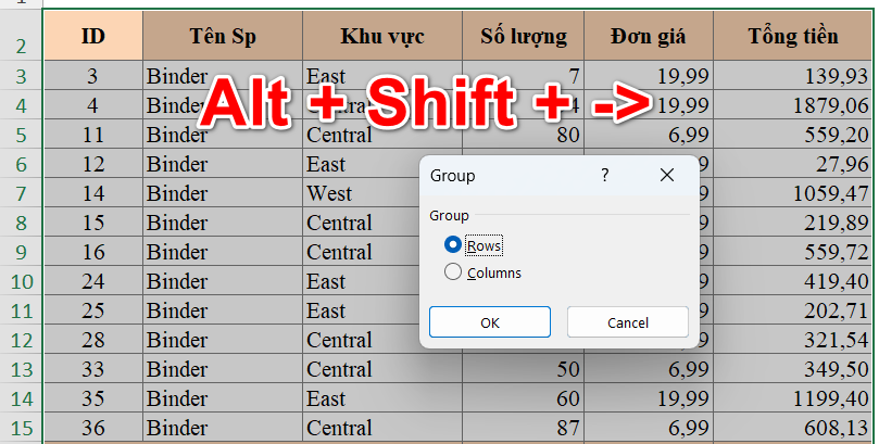 Ấn tổ hợp phím Alt + Shift + ->