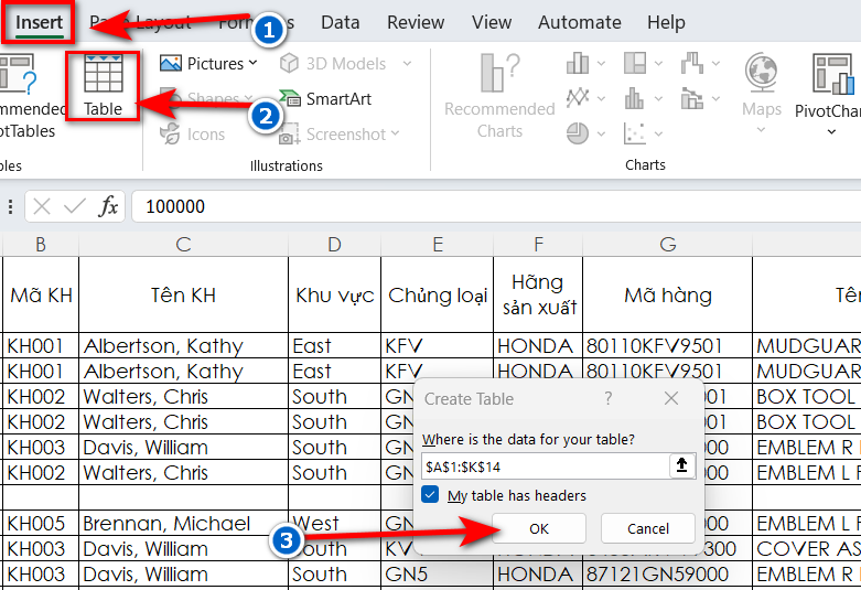 Tạo bảng trong Excel