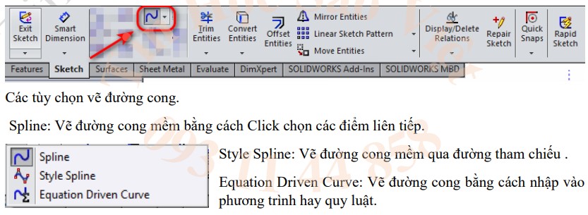  Công cụ vẽ đường cong trong solidworks