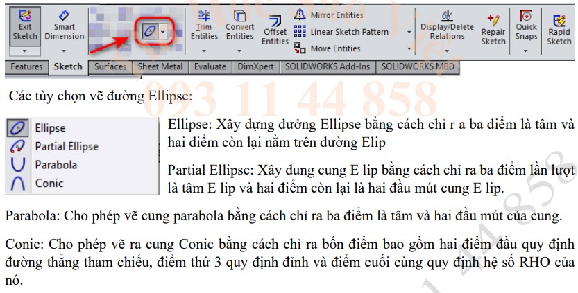  Công Cụ Vẽ Đường Elip trong solidworks