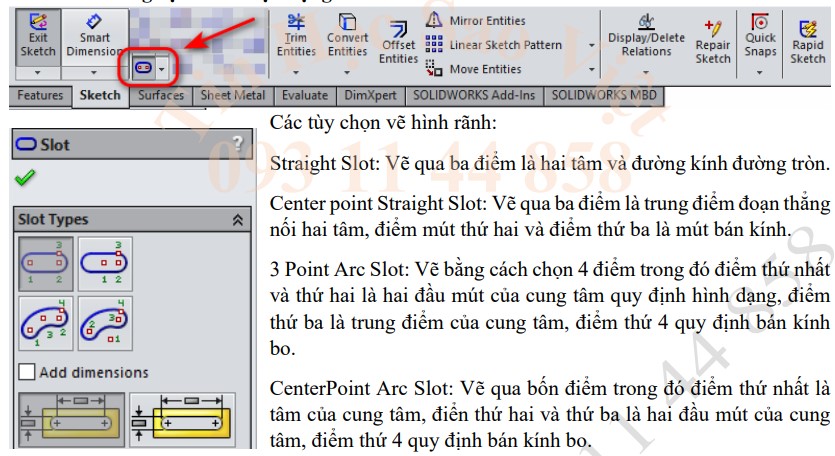 công cụ vẽ tiết diện rãnh trong Solidworks