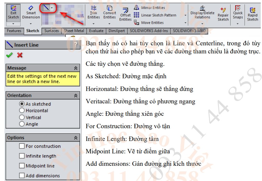  Công Cụ vẽ đường thẳng trong SolidWorks