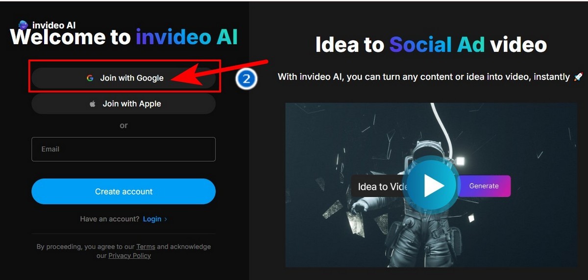 bước 2 tạo tài khoản INVIDEO AI bằng Google