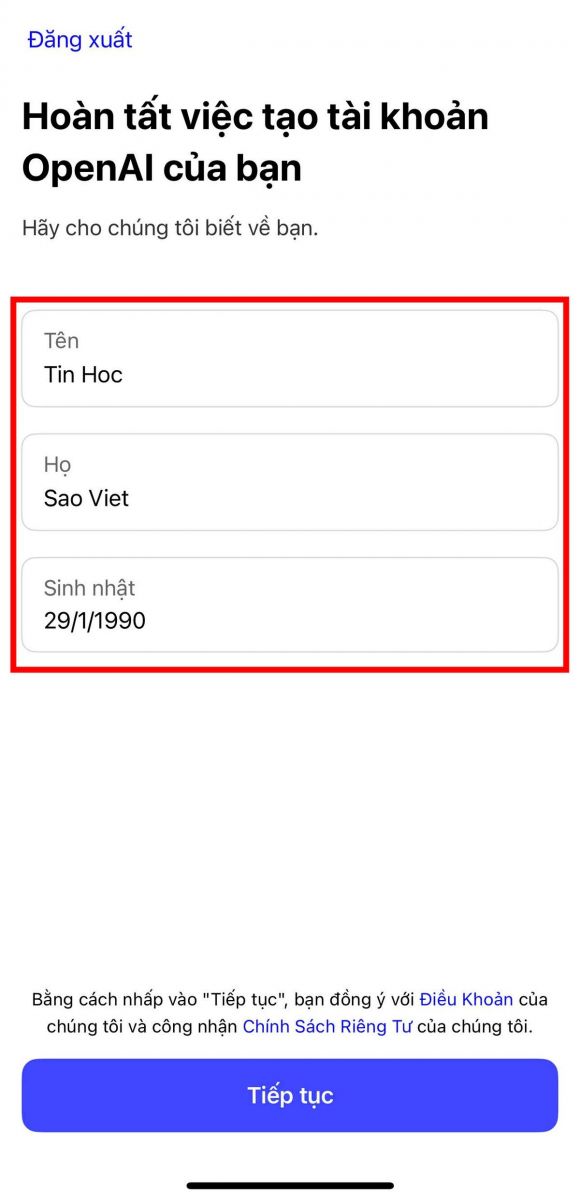 nhập thông tin của bạn
