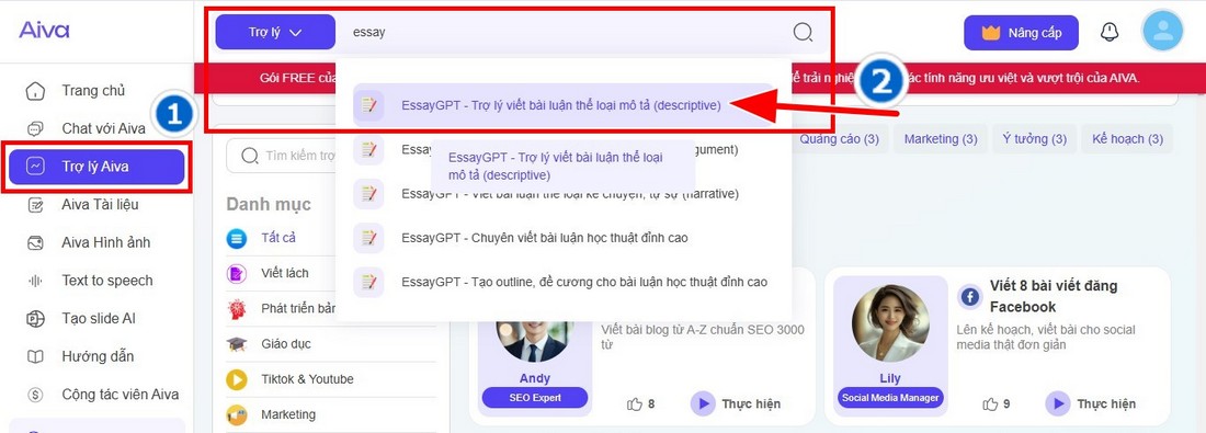 bước 4 chọn trợ lý ảo cho công việc