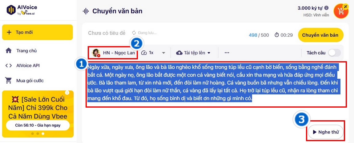Nhập nội dung câu chuyện và tạo ra giọng đọc