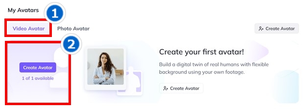 Bước 2 Chọn Create Avatar ở thẻ Video Avatar