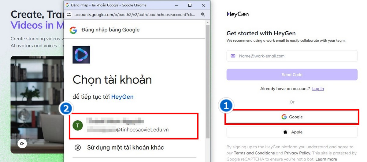 Chọn tài khoản google đang sử dụng để đăng nhập nhanh Heygen