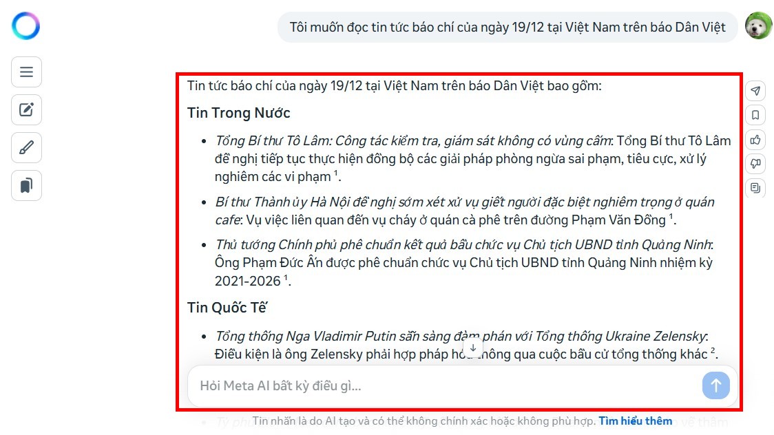 nội dung từ meta ai trả về