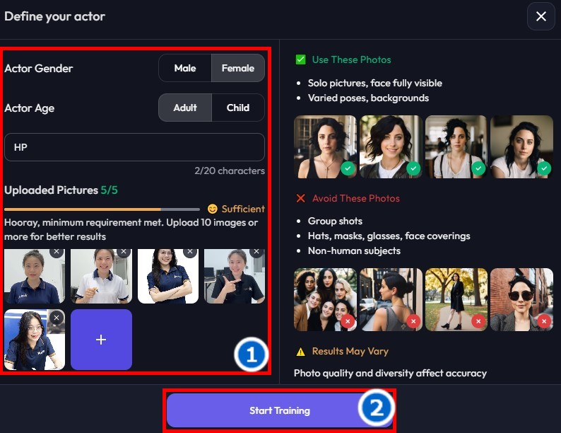 Bước 5: Hãy upload hình ảnh của bạn để Training AI khớp với gương mặt của bạn