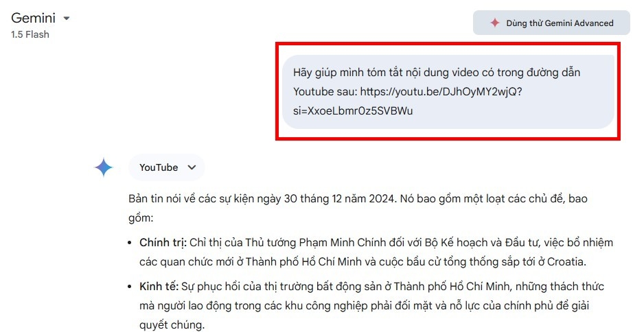 Bước 1: Yêu cầu Gemini tóm tắt nội dung video từ đường dẫn Youtube