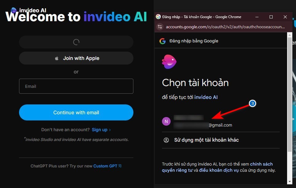 chọn tài khoản google để đăng ký đăng nhập