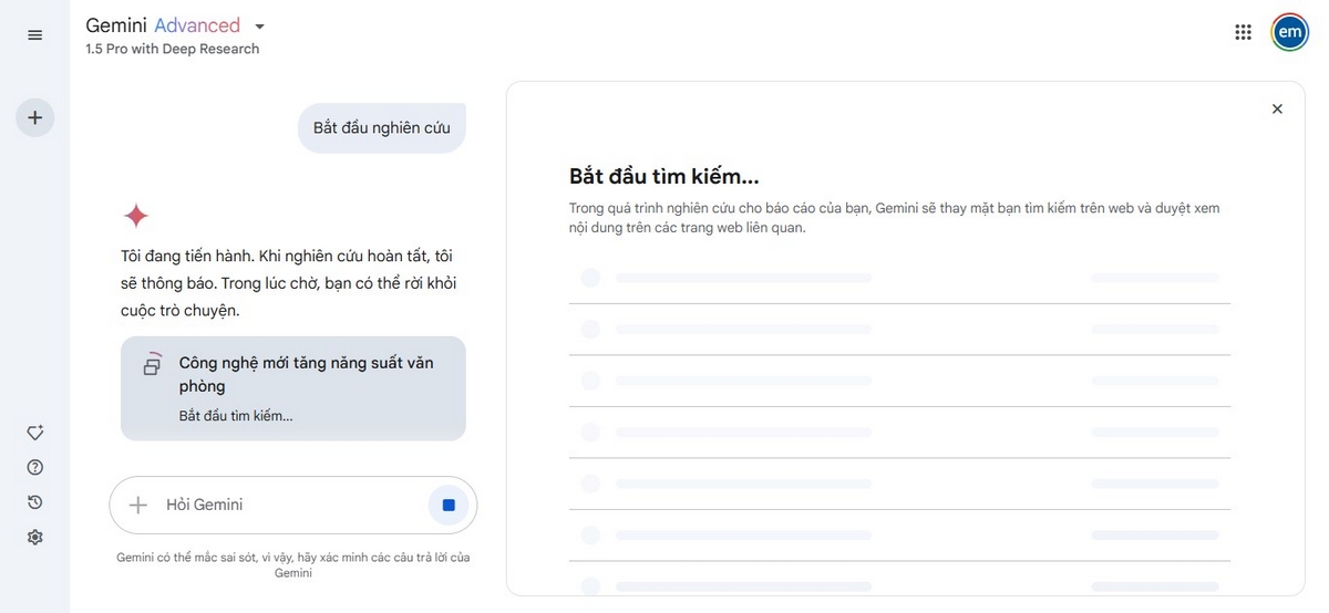Bước 4: Đợi AI Deep Research Tìm kiếm kết quả và trả về
