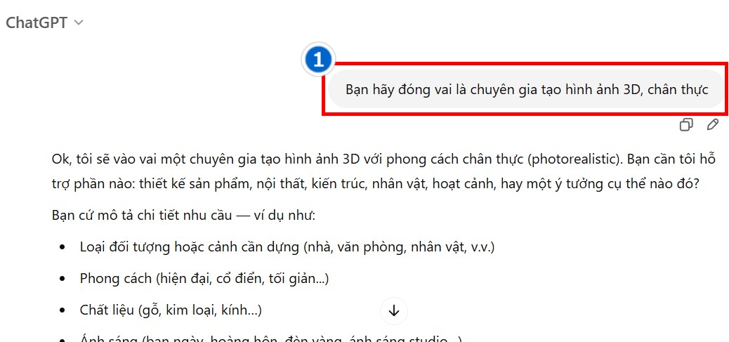 Bước 1: Yêu cầu chatgpt đóng vai là chuyên gia tạo hình ảnh